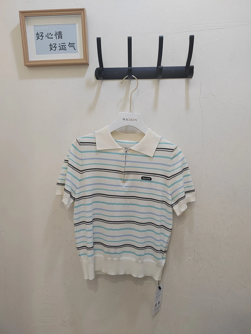 麦寻夏款条纹短袖针织衫翻领针织衫ztsfs04b