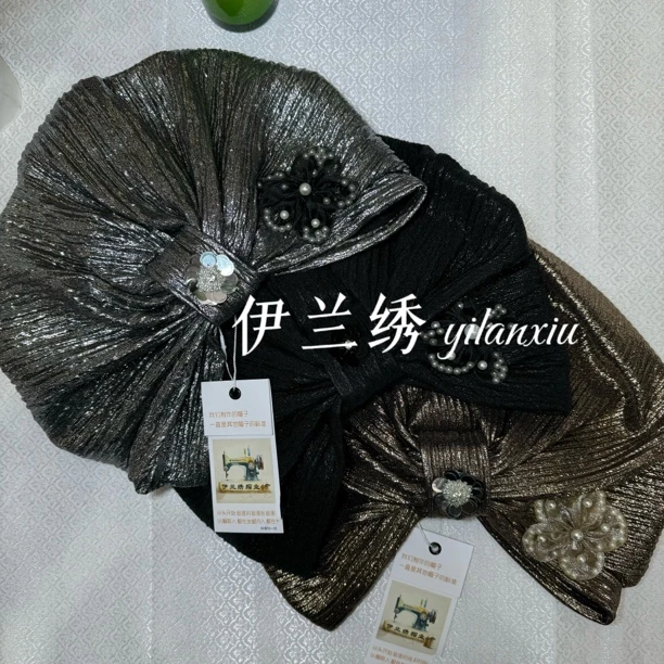 n3-回族小姐姐新款发带帽褶皱亮光黑色秋冬百搭包头帽帽子女士