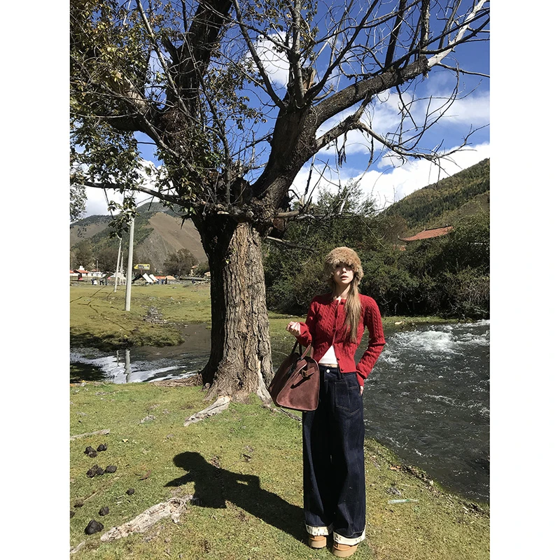 盎然丨小野猫丨神裤！豹纹裤脚卷边牛仔长裤