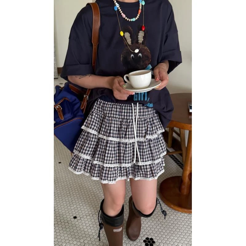 HELLOTANGO《格系少女》夏季韩系复古校园风提花蕾丝花边短裙25547#