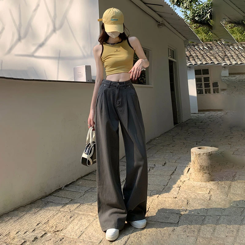 橙绢女装#高街复古薄款牛仔裤女夏季高腰垂感百搭宽松拖地阔腿裤