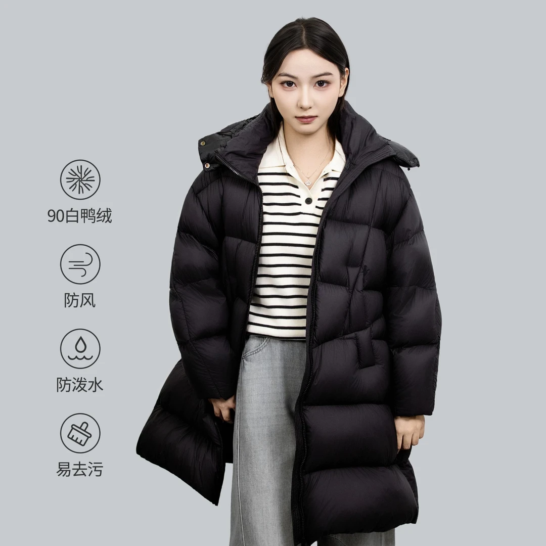 【原厂原单5号】25长款连帽90白鸭绒不规则口袋三防羽绒服