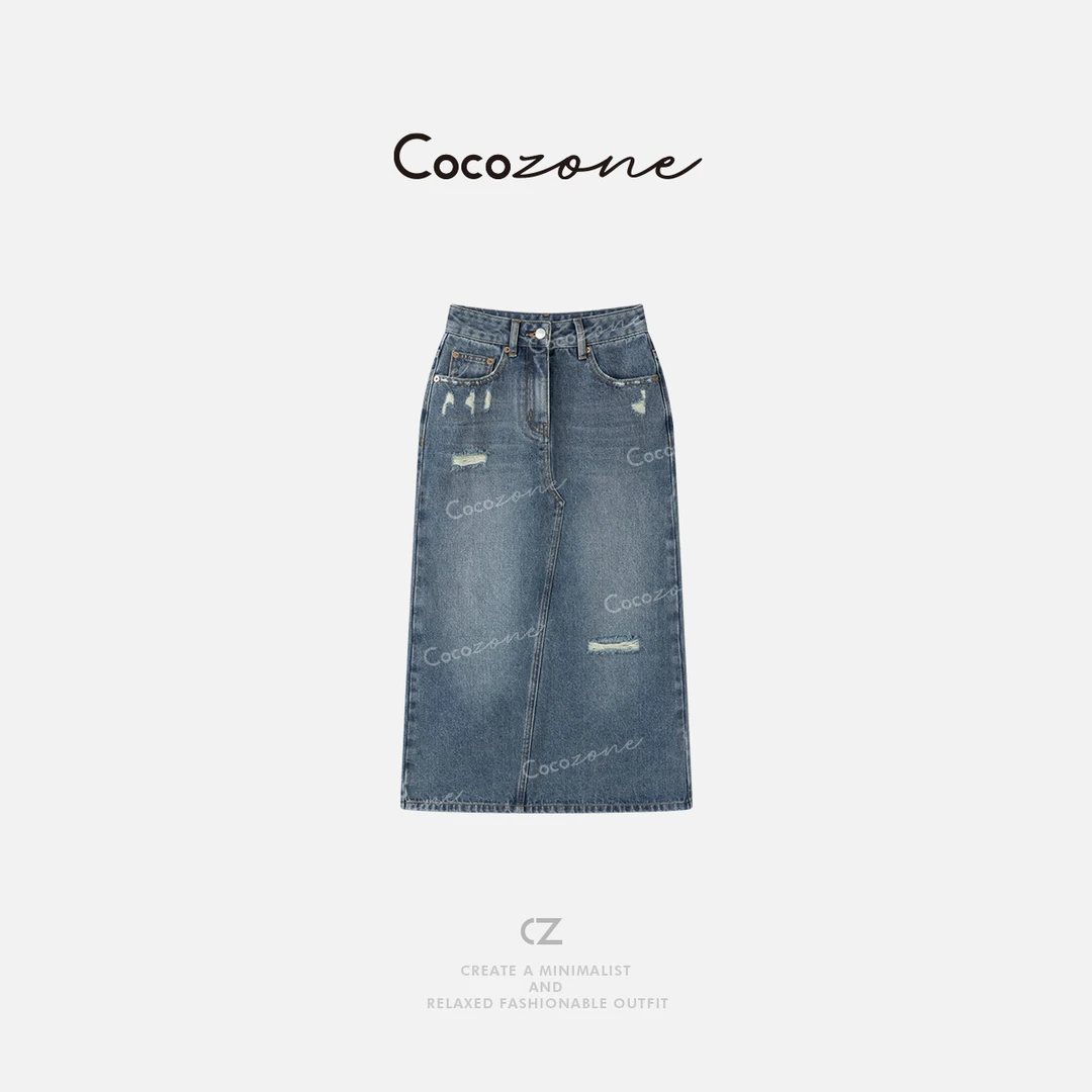 COCO ZONE 刘一一 新款破洞设计感A字牛仔半身裙ACD1A0321