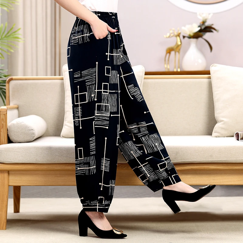 100棉绸薄款灯笼裤长裤高腰民族风休闲裤夏装九分夏季睡裤宽松中