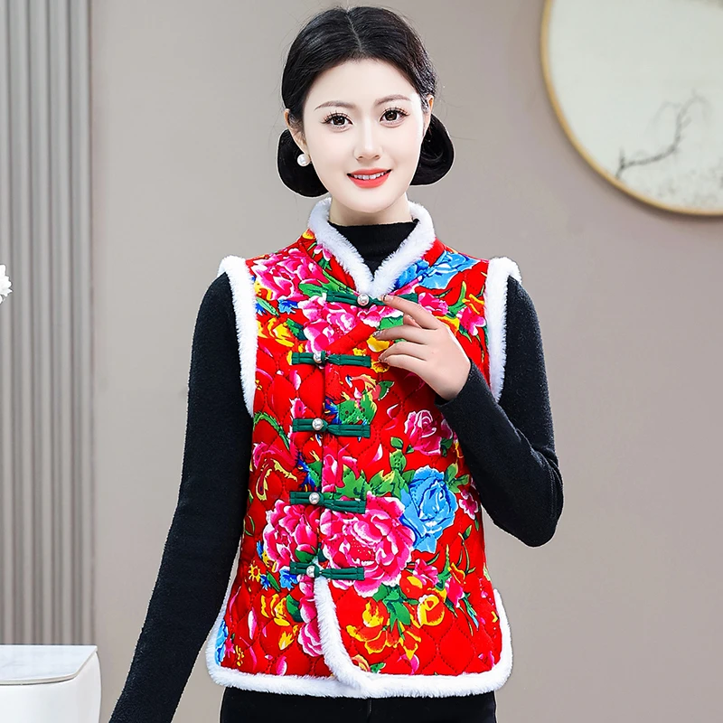 加绒保暖网红东北大花棉袄马甲外穿复古中国风坎肩马夹外套妈妈装