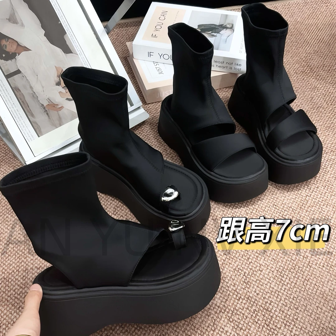 2025年夏季新款小个子增高时尚莱卡布凉靴女一脚蹬厚底凉鞋20-686