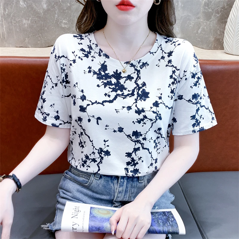 时尚印花白色T恤女短袖夏季新款宽松休闲显瘦百搭圆领体恤上衣