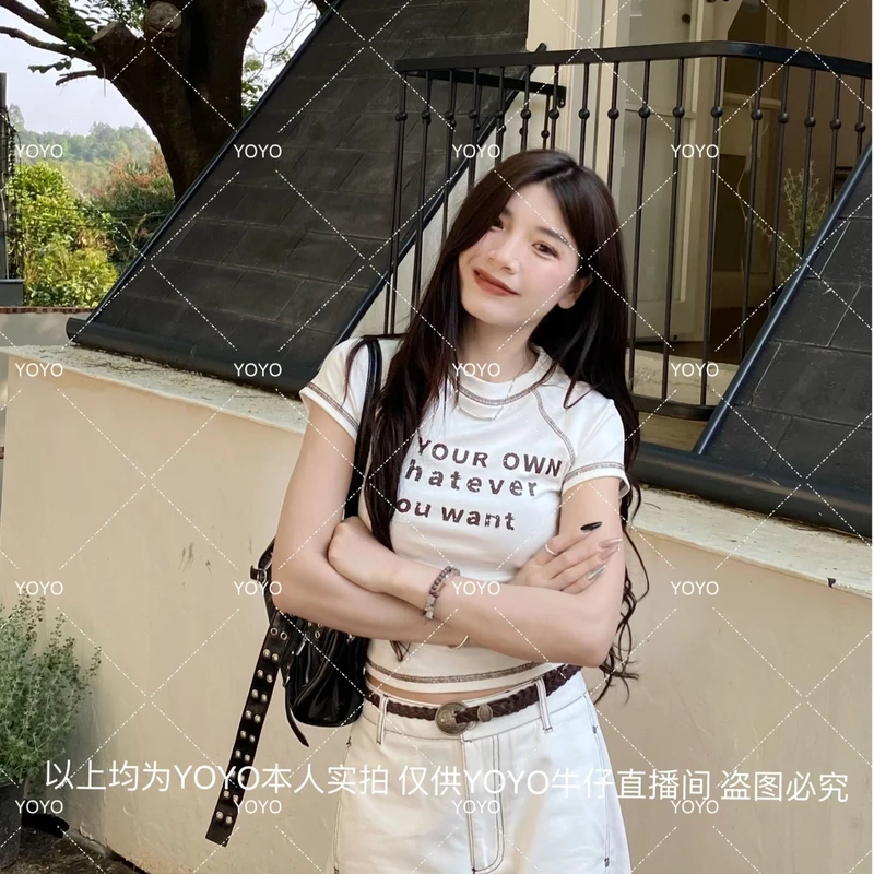 YOYO自制【撞色短袖】夏季新款显瘦休闲印花字母短板显瘦上衣T恤