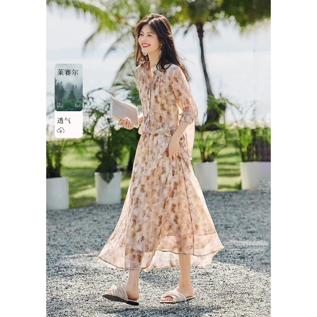 XWI/欣未2025夏新款女高级感莱赛尔宽松衬衫半身裙两件套装女6068