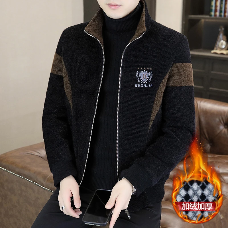 男士冬季仿貂绒加绒加厚款立领夹克外套刺绣毛呢上衣休闲百搭外衣