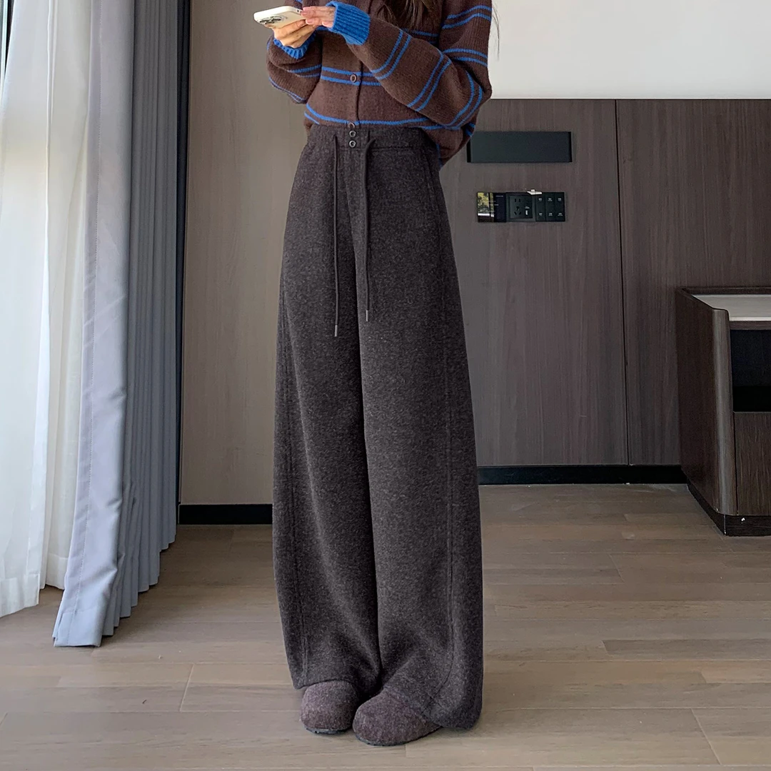 咖啡色弯刀毛呢裤女秋冬2025新款加厚宽松休闲松紧腰直筒阔腿裤子