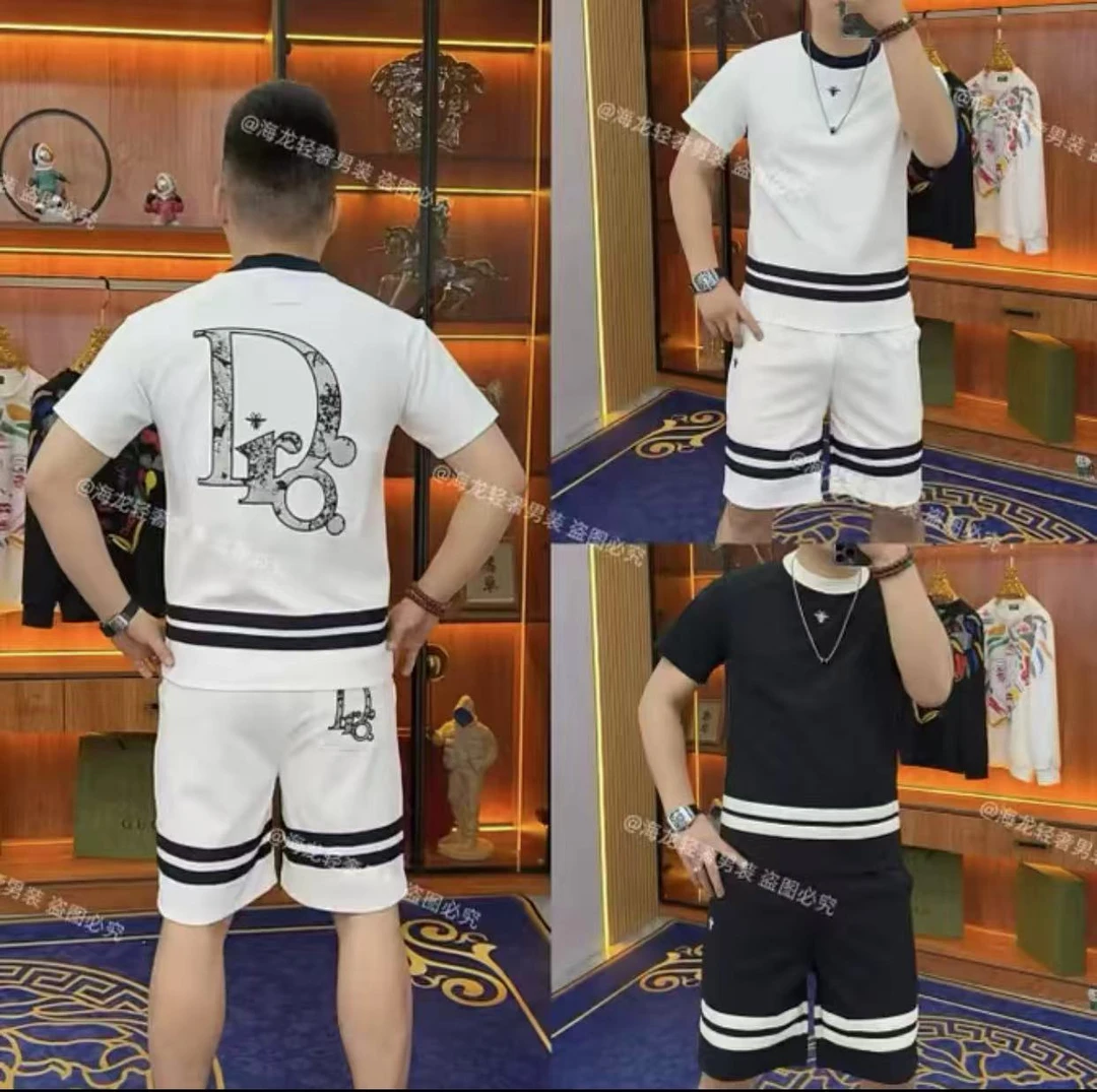 666-37 蜜蜂D字母短袖短裤套装 潮款运动套装潮流高端夏季男装套