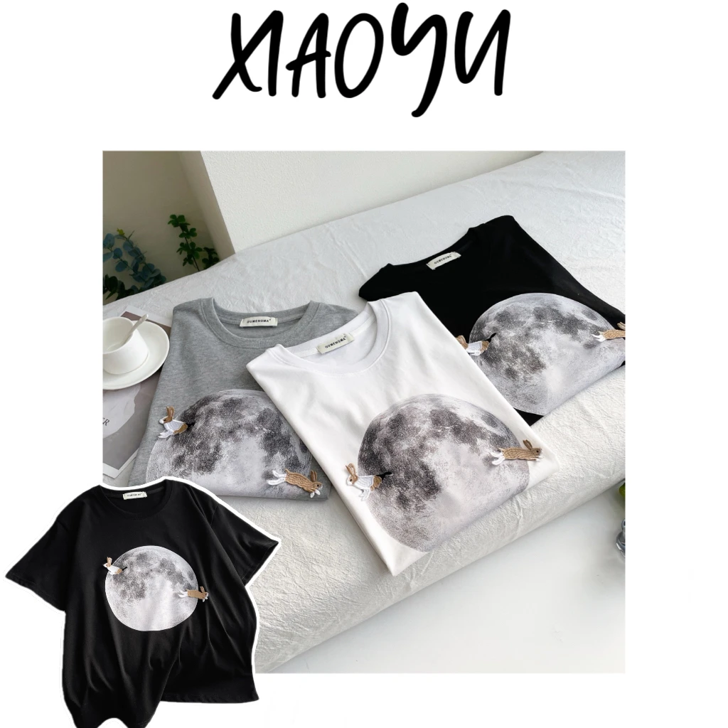 1503【月球小兔】重工刺绣兔子圆领短袖T恤百搭显瘦短袖上衣设计款