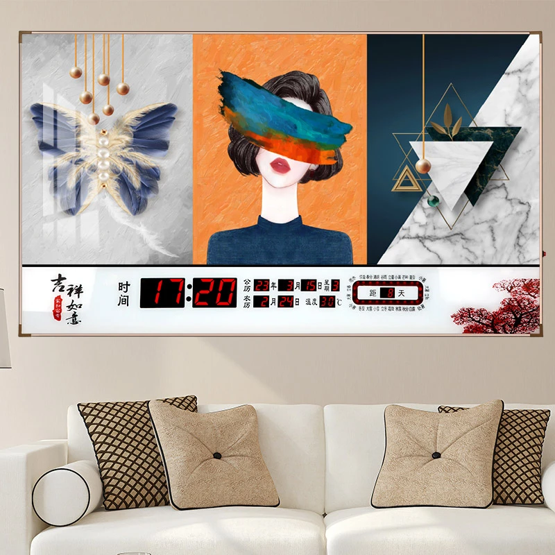 新款超薄万年历电子钟家用客厅挂钟带日历功能超大创意静音夜光
