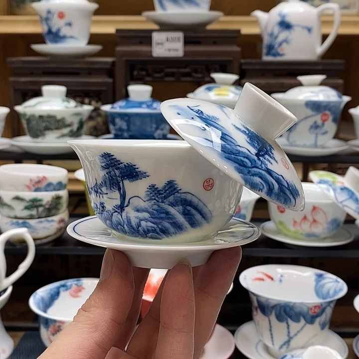 手绘微瑕山水盖碗