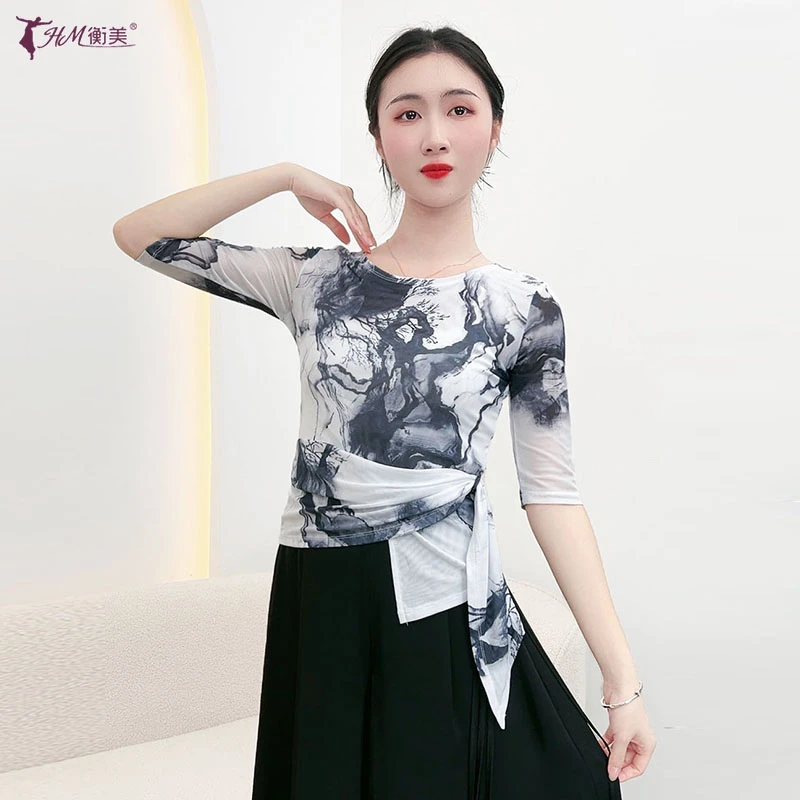 夏季新款古典舞练功服圆领不规则绑带中袖纱衣女上衣现代舞形体服