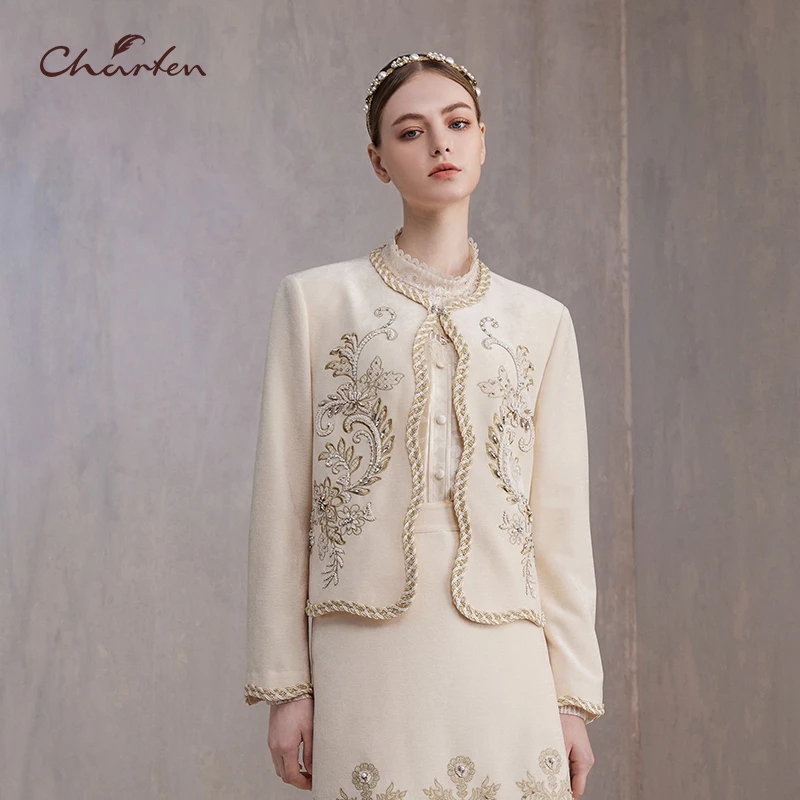 【达人专属】朝峰气质轻奢重工刺绣提花外套上衣小香风时尚短外套