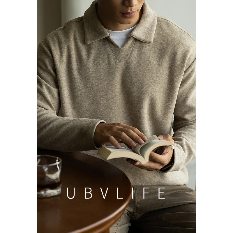 老钱风毛呢落肩袖小V领POLO衫男士2025秋季亲肤慵懒休闲长袖T恤