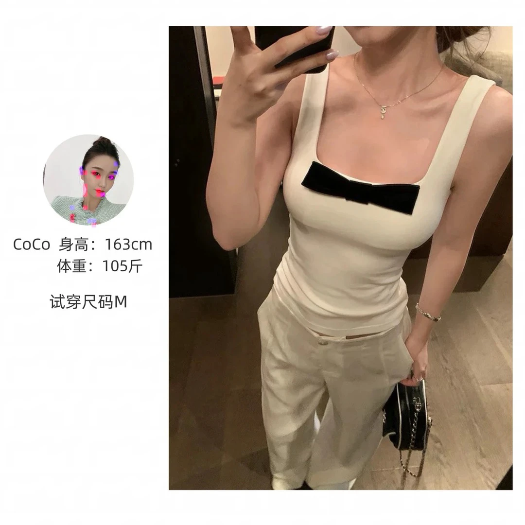 Coco高定蝴蝶少女风格甜美弹力修身蝴蝶结装饰背心上衣女夏季显瘦