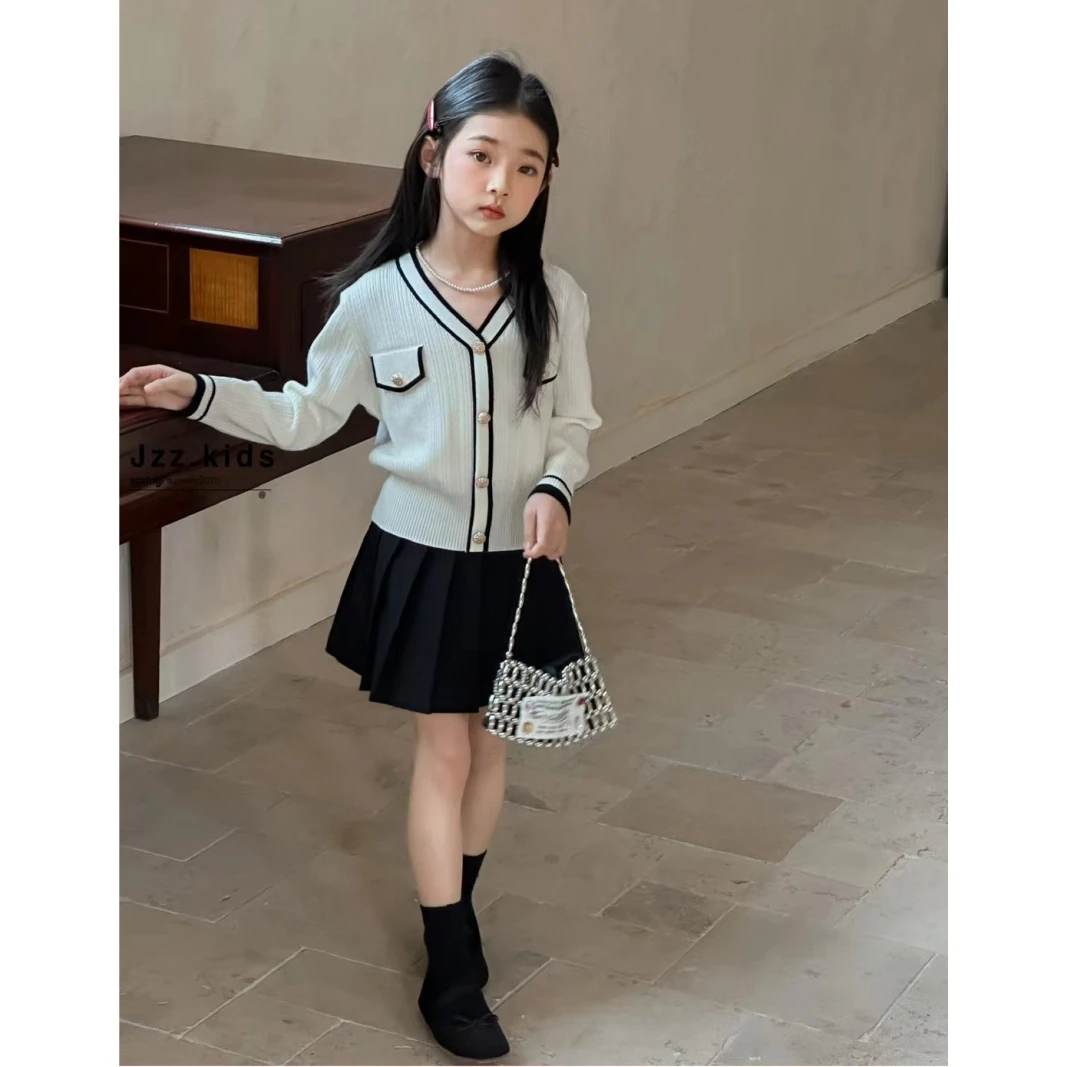 韩版女童装儿童中大童小香风针织毛衣开衫外套百褶裙2件套装