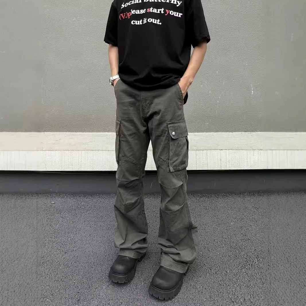 美式街头水洗大口袋褶皱微喇工装牛仔裤男女同款复古高街宽松显瘦