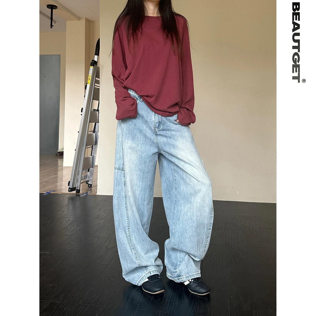 Beautget立体剪裁美式潮流设计感水洗解构弯月牛仔裤小众阔腿裤