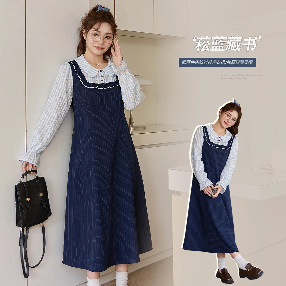 大码法式气质收腰条纹假两件长裙子夏季短袖韩系甜美学院风连衣裙