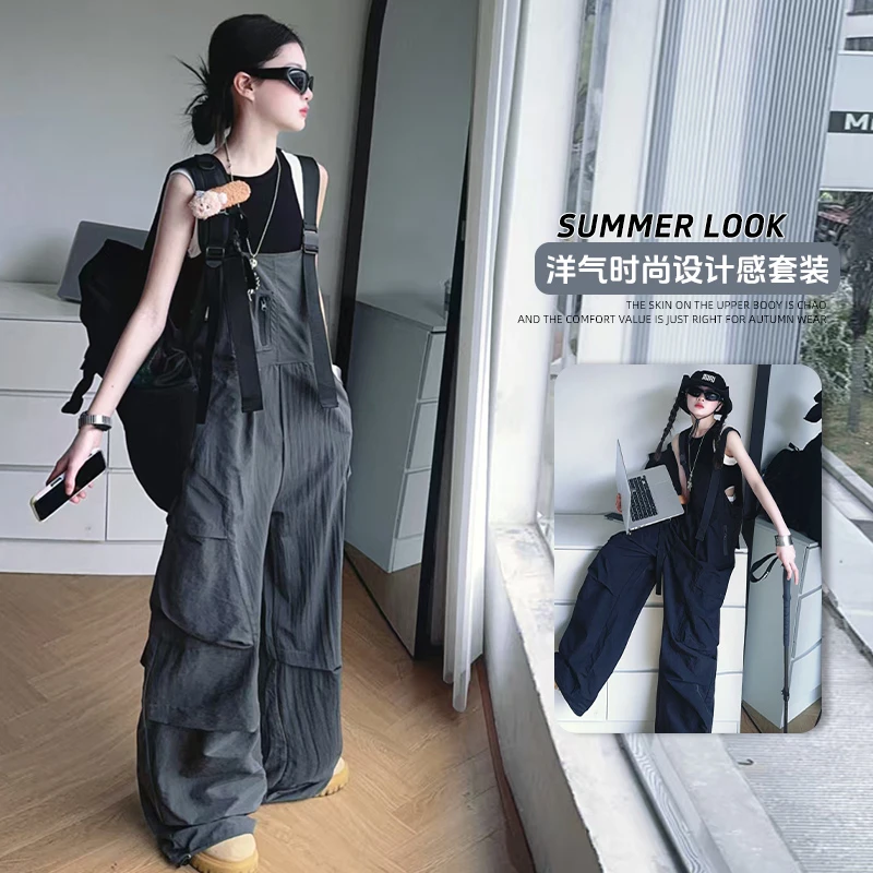 【毛妈潮牌】女童装夏季潮系工装背带裤套装2025新款宽松背带两件套