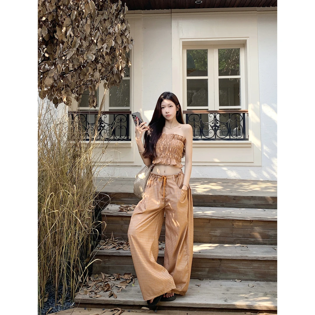 尼斯周末/辣妹格子短抹胸+阔腿裤套装Z 8943#