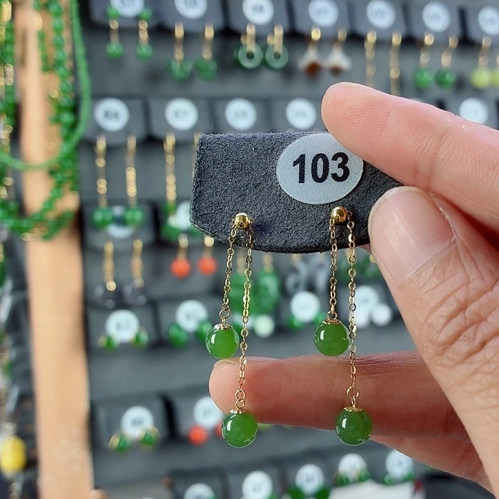 和田玉18K金镶嵌耳饰平**福