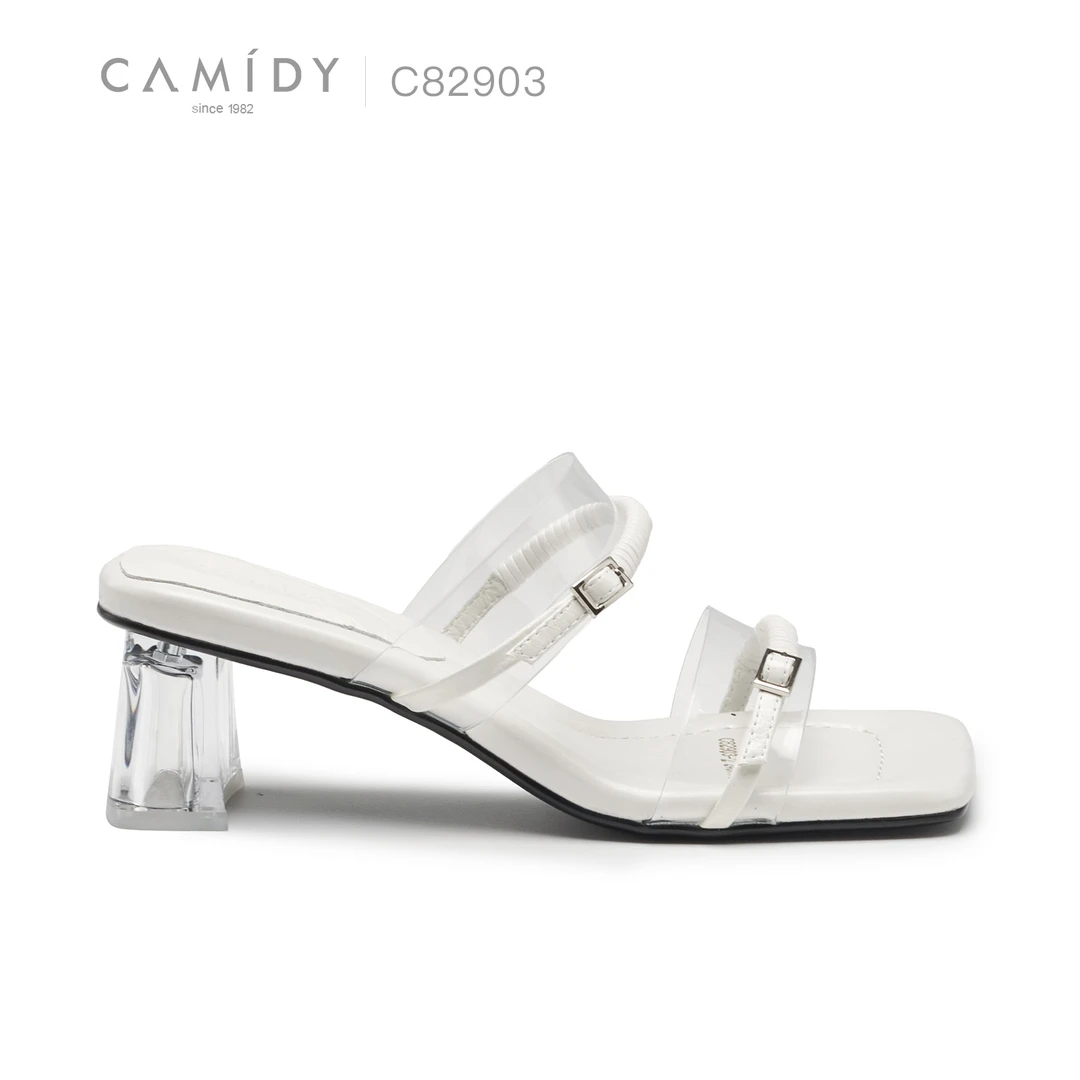 CAMIDY SINCE 1982法式方头粗跟露趾透明水晶一字拖 C82903