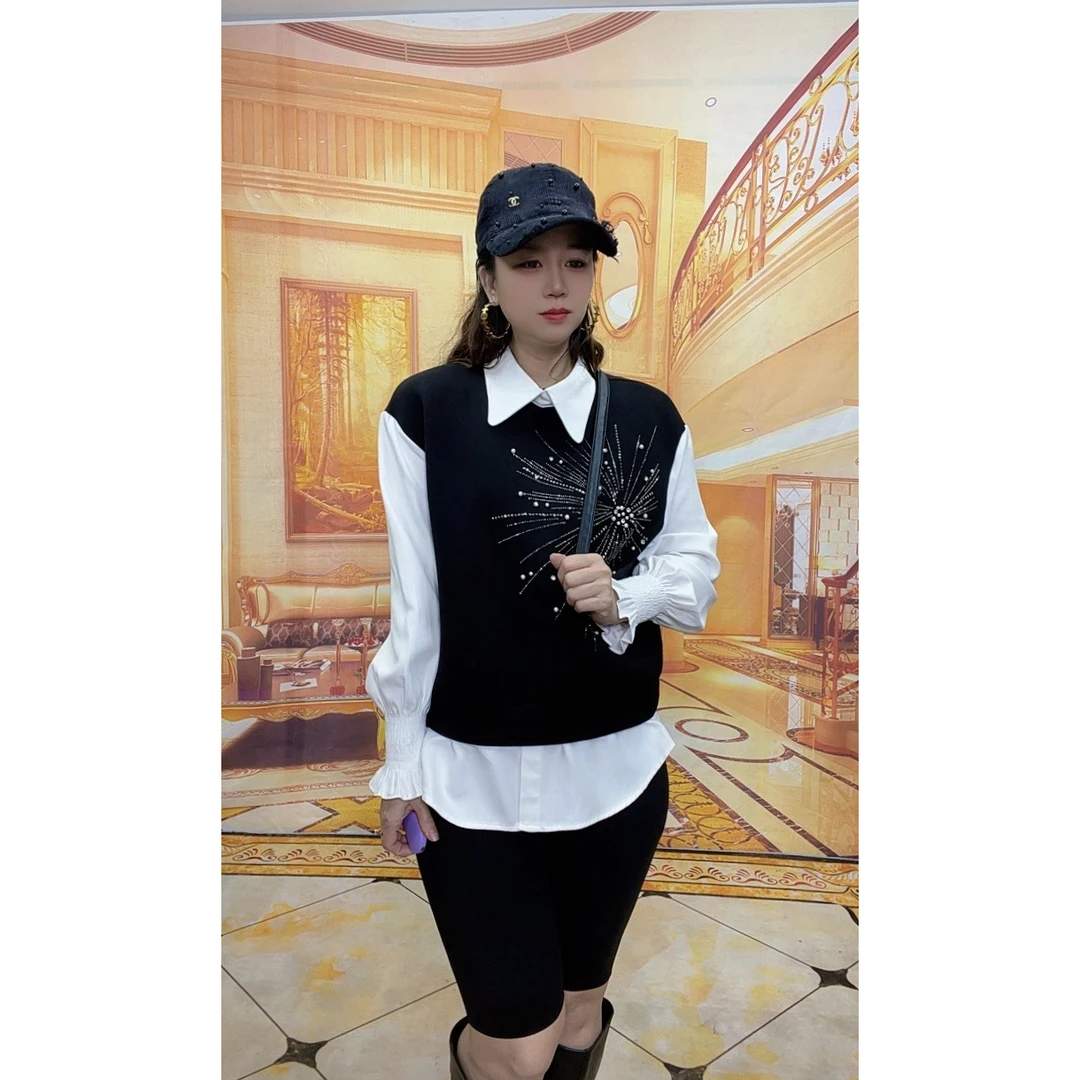 98790新款时尚高级感重工烫钻钉珠针织马甲翻领长袖衬衫