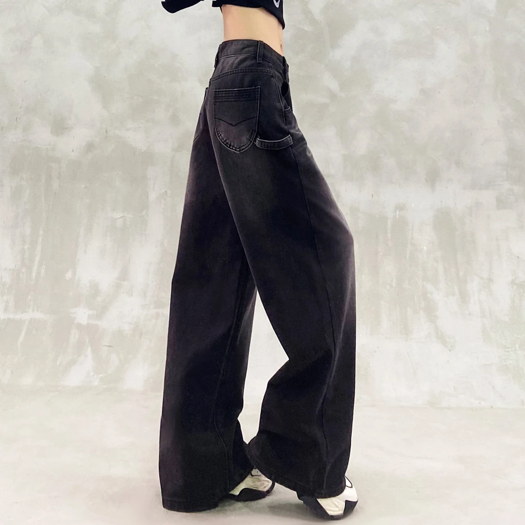 扎染色水洗垂感抓绒休闲牛仔裤女冬新款高腰宽松显瘦直筒阔腿裤子
