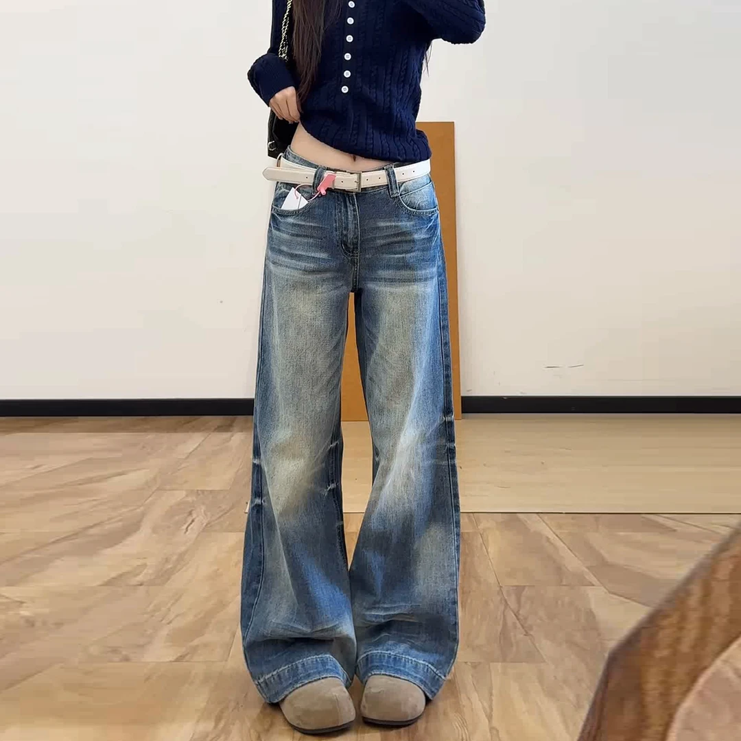 美式复古水洗宽松阔腿裤女2025秋季新款水纹百搭直筒牛仔拖地裤子