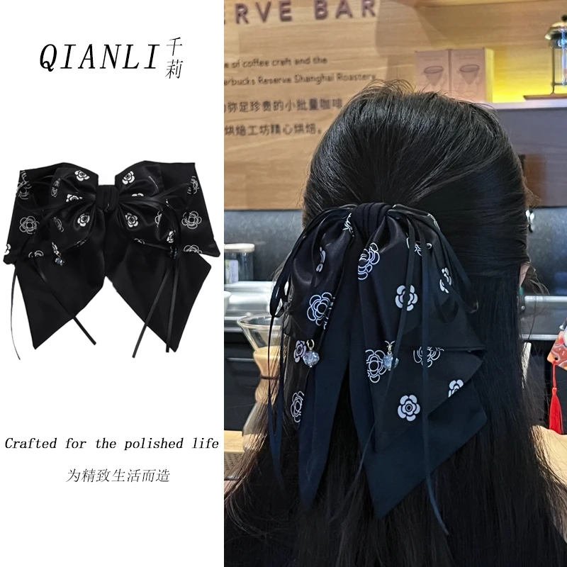 千莉【冰美式】轻奢国风小香风新中式高级缎面蝴蝶结马尾抓夹发饰