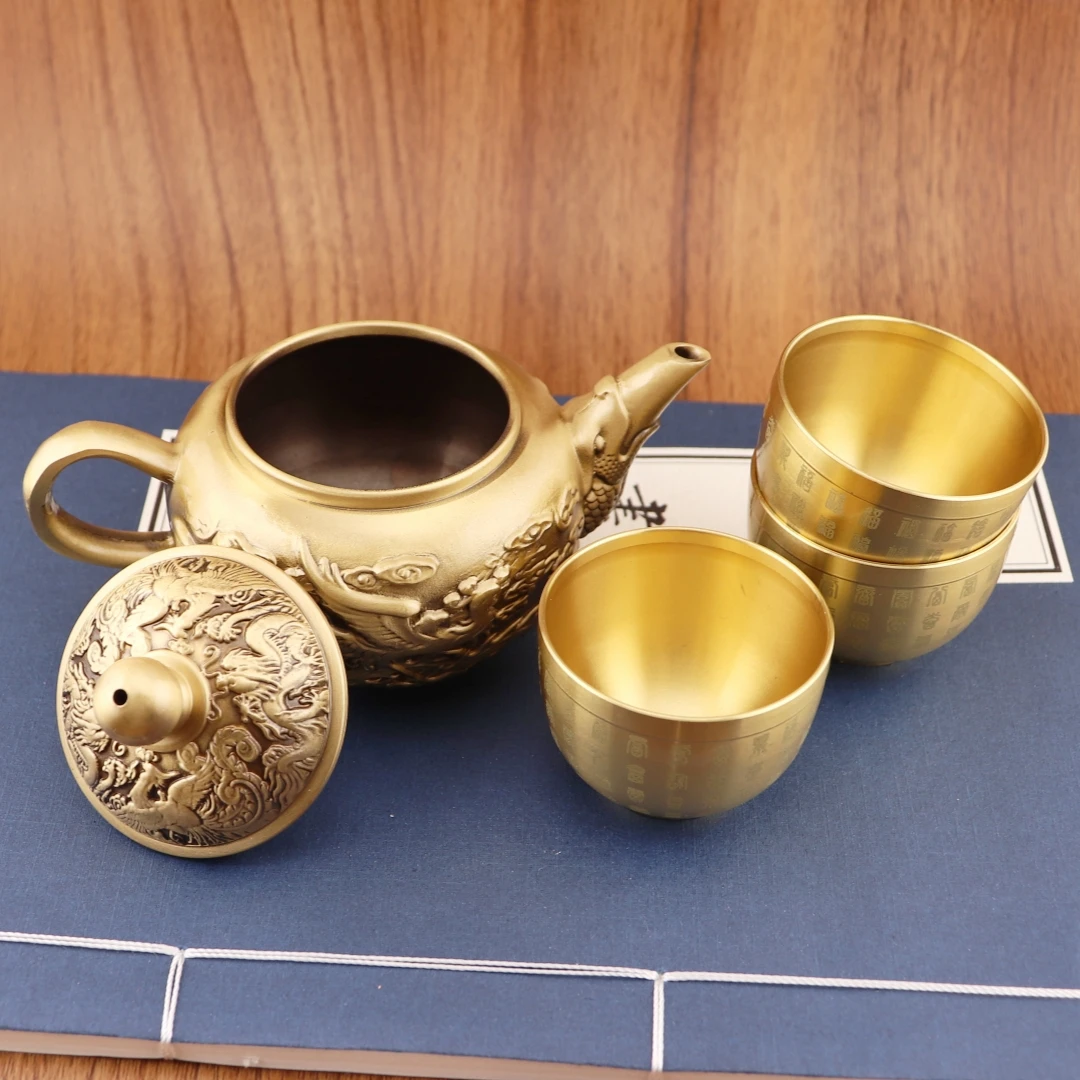 黄铜大号复古龙凤手工茶壶居家摆件水杯茶具茶杯浮雕家用工艺品