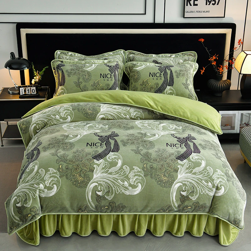 【豆蔻年华绿】冬季加厚防静电牛奶绒四件套