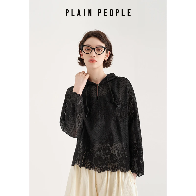 PLAIN PEOPLE法式度假千金风抽绳连帽蕾丝绣花上衣女2025夏新款