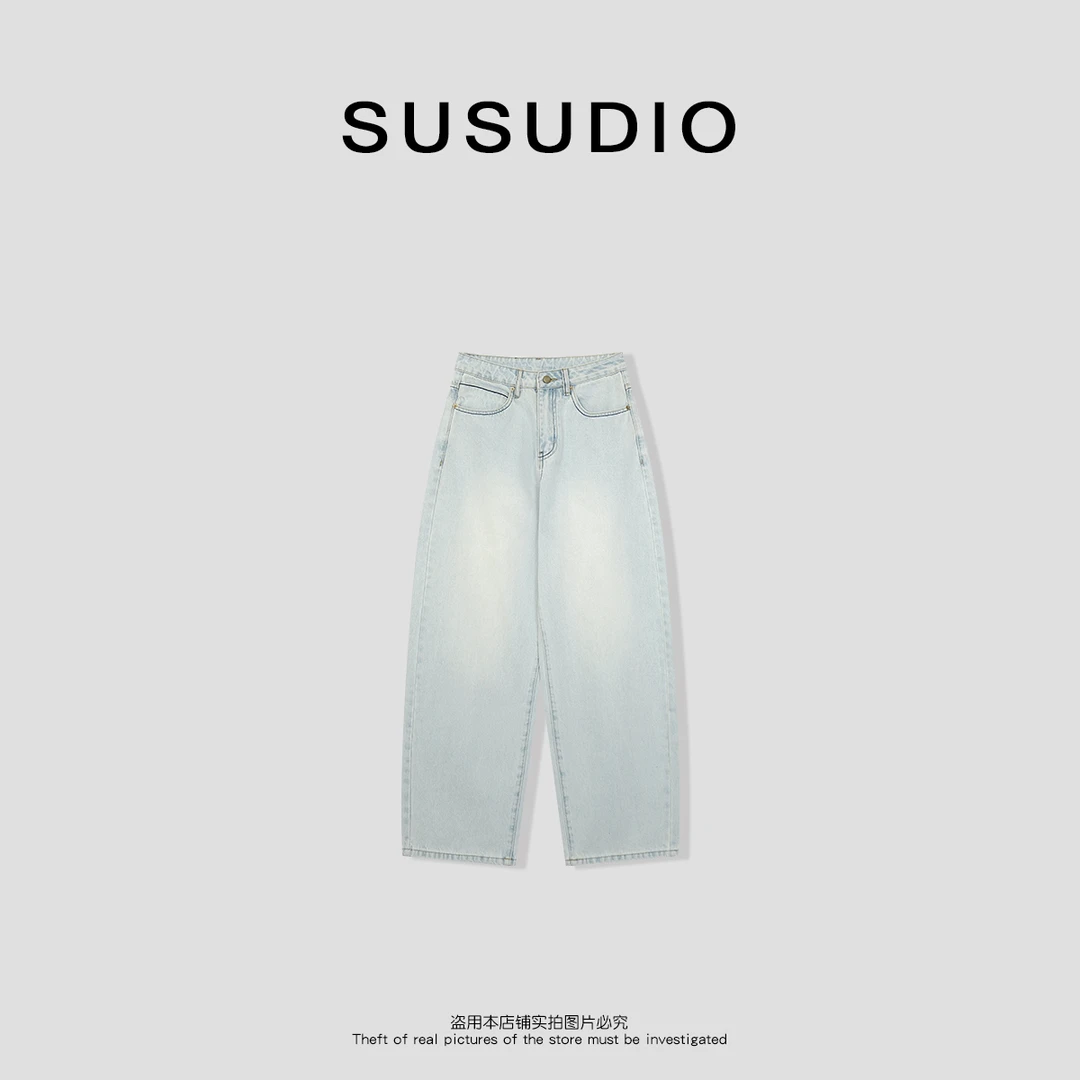 SUSUDIO 设计款复古美式高街浅色直筒牛仔裤40093