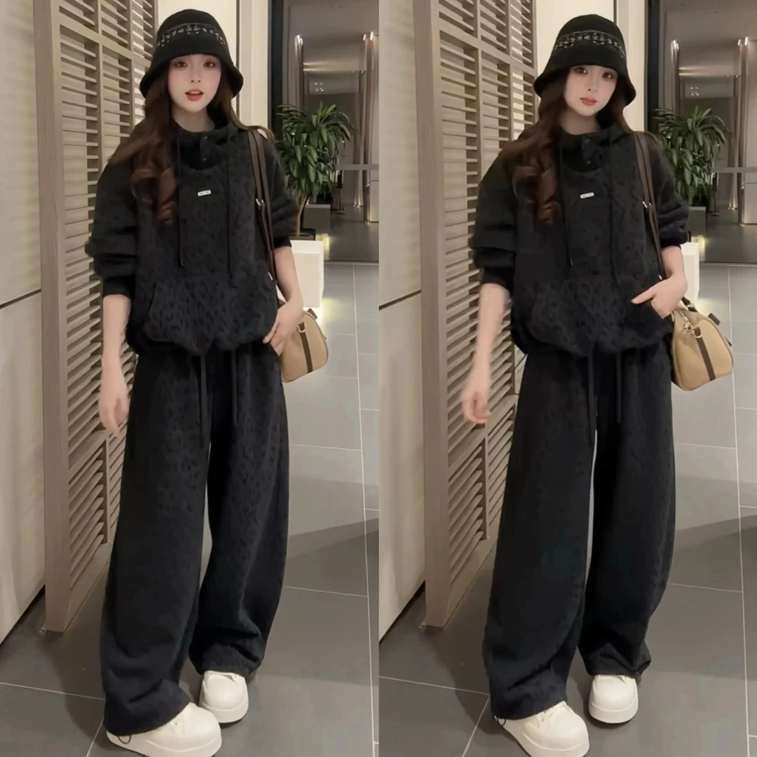 韩系时尚套装女2025冬季新款豹纹卫衣松紧腰直筒裤休闲两件套潮