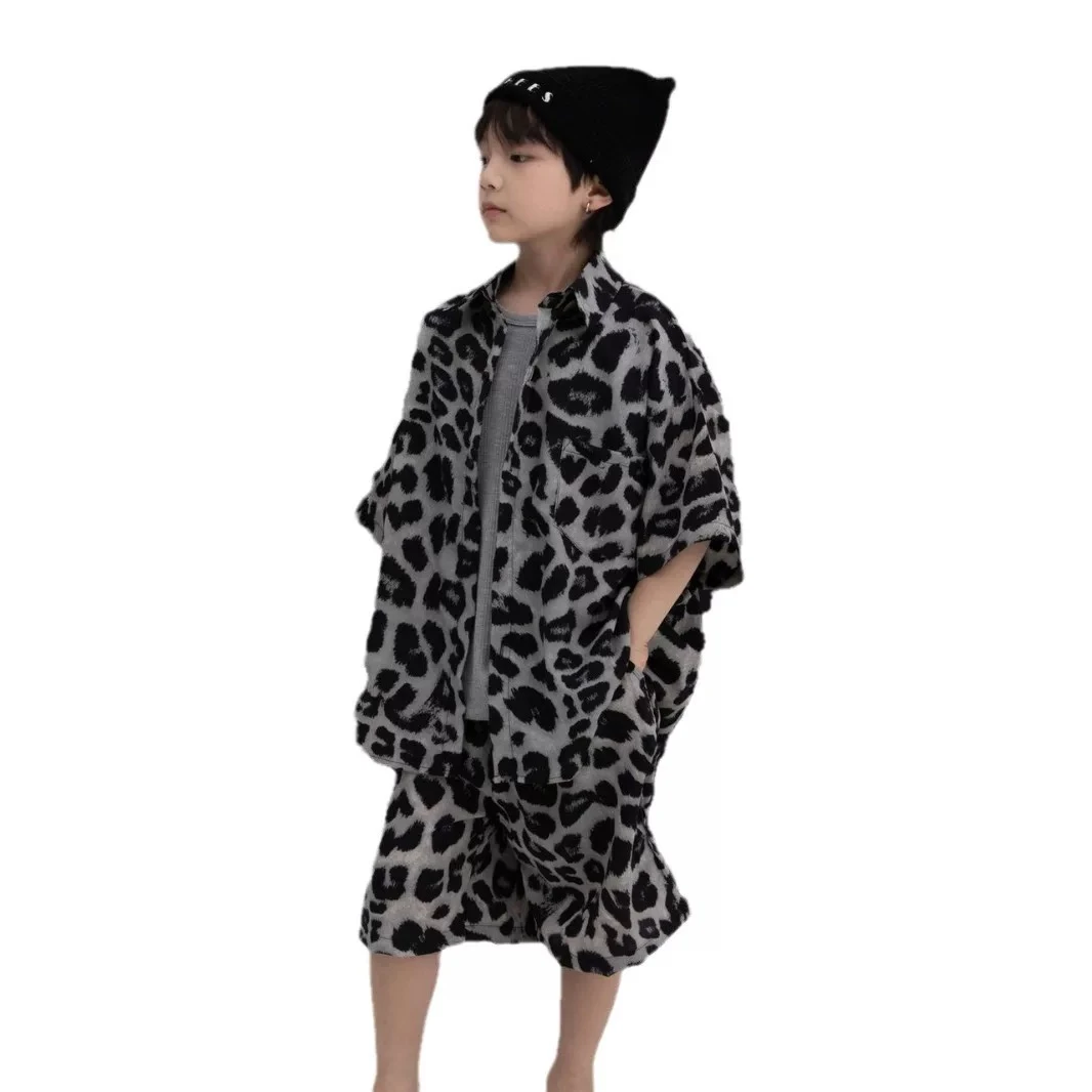 MOMOCO男童夏装扎染豹纹套装衬衫洋气2025新款小男孩套装