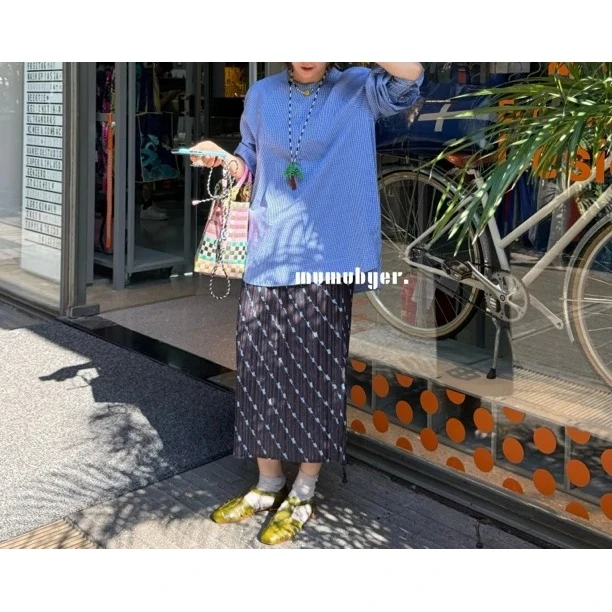 复古幽蓝优雅法式MUMUBYER浪漫影花褶皱半身裙