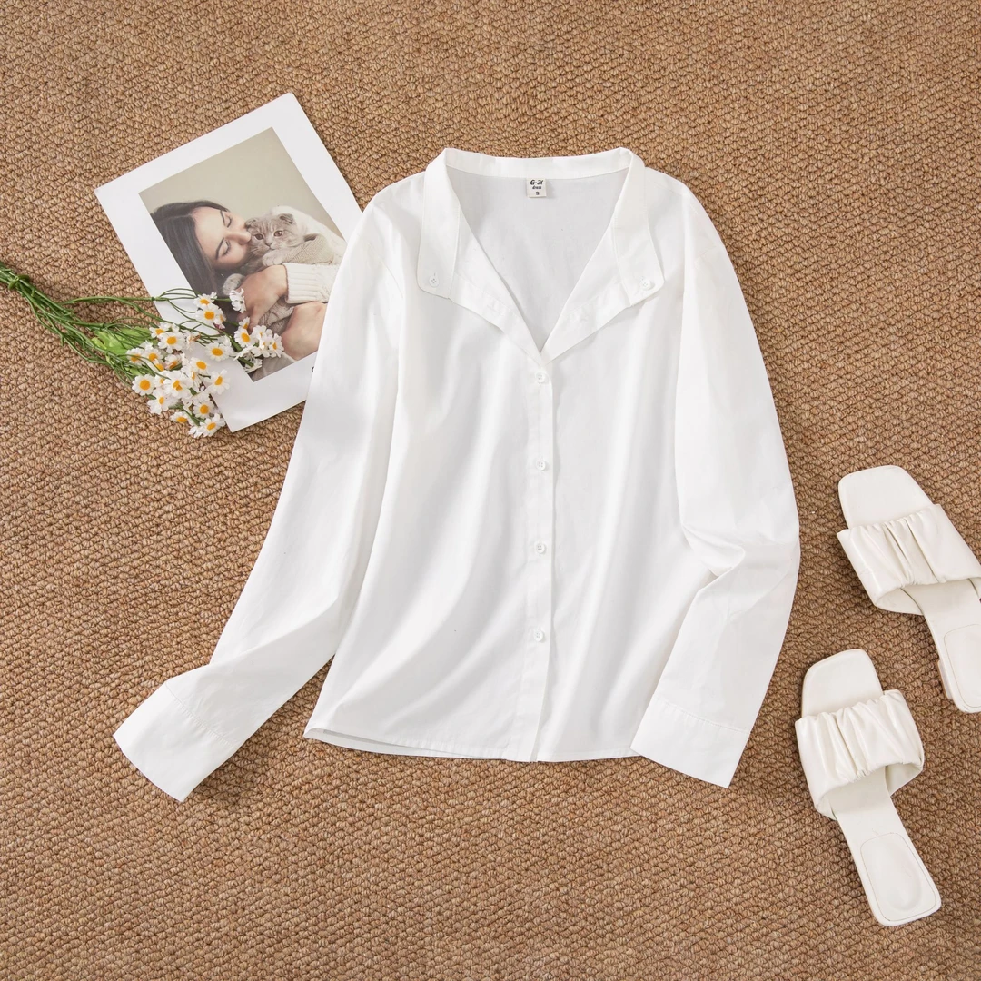 【G.H】2025早春新款明星同款白色纯色翻领V领设计休闲高级感衬衫女