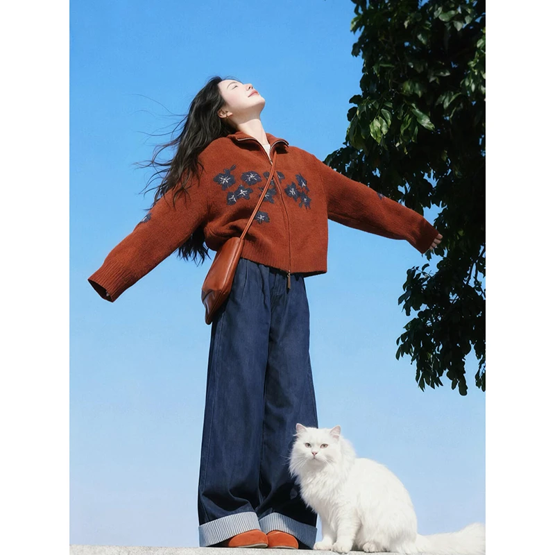 秋冬穿搭一整套韩系复古花朵红色红色毛衣开衫搭配牛仔裤两件套潮