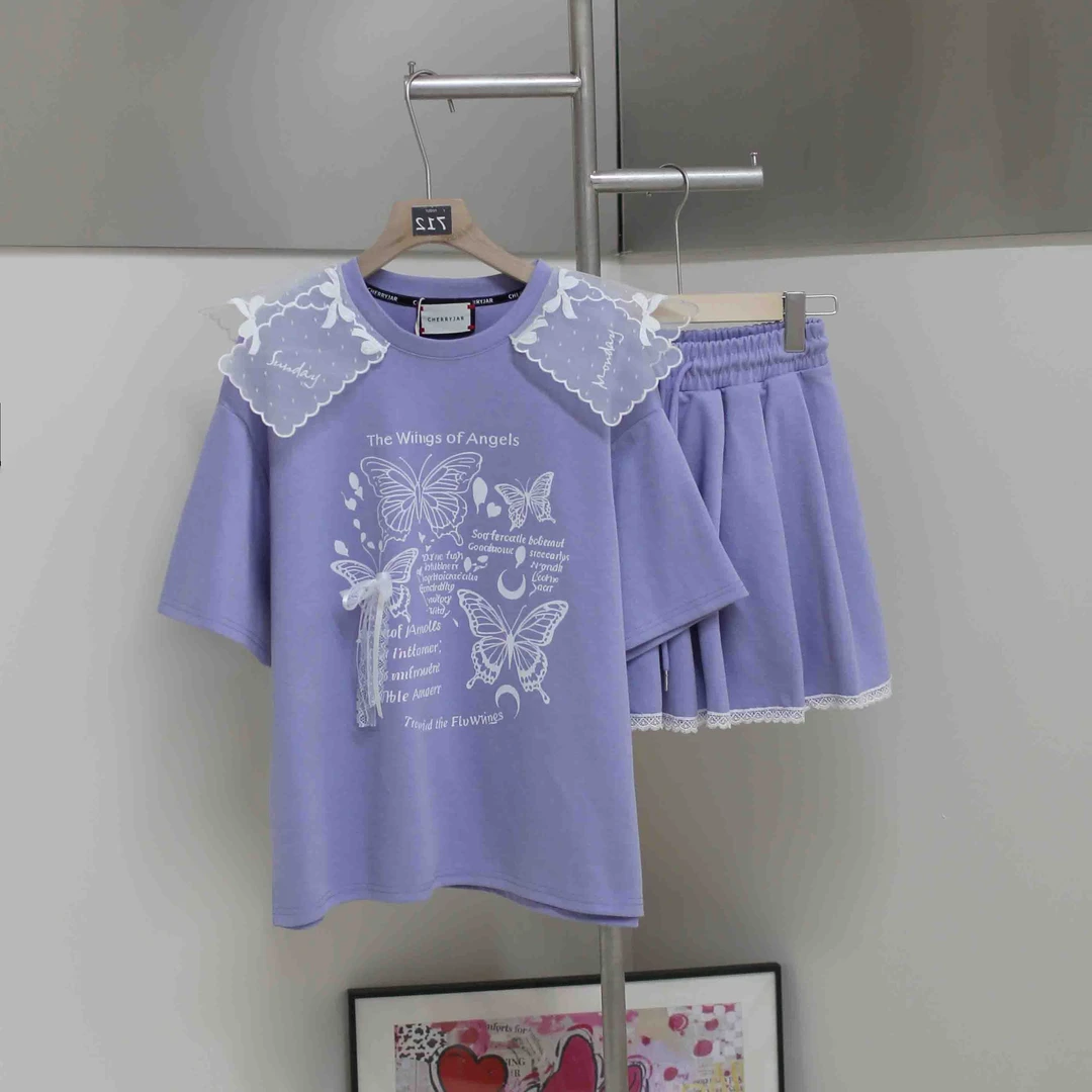 Cherryjar【25712】时尚卡通印花短袖夏季宽松套装百搭