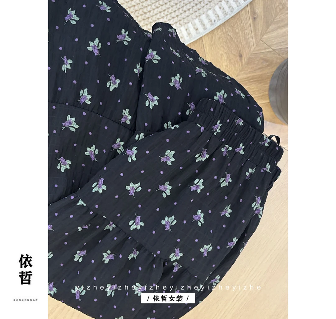 “紫花裙“”长款女藏蓝色春装高腰显瘦时尚A字裙夏季