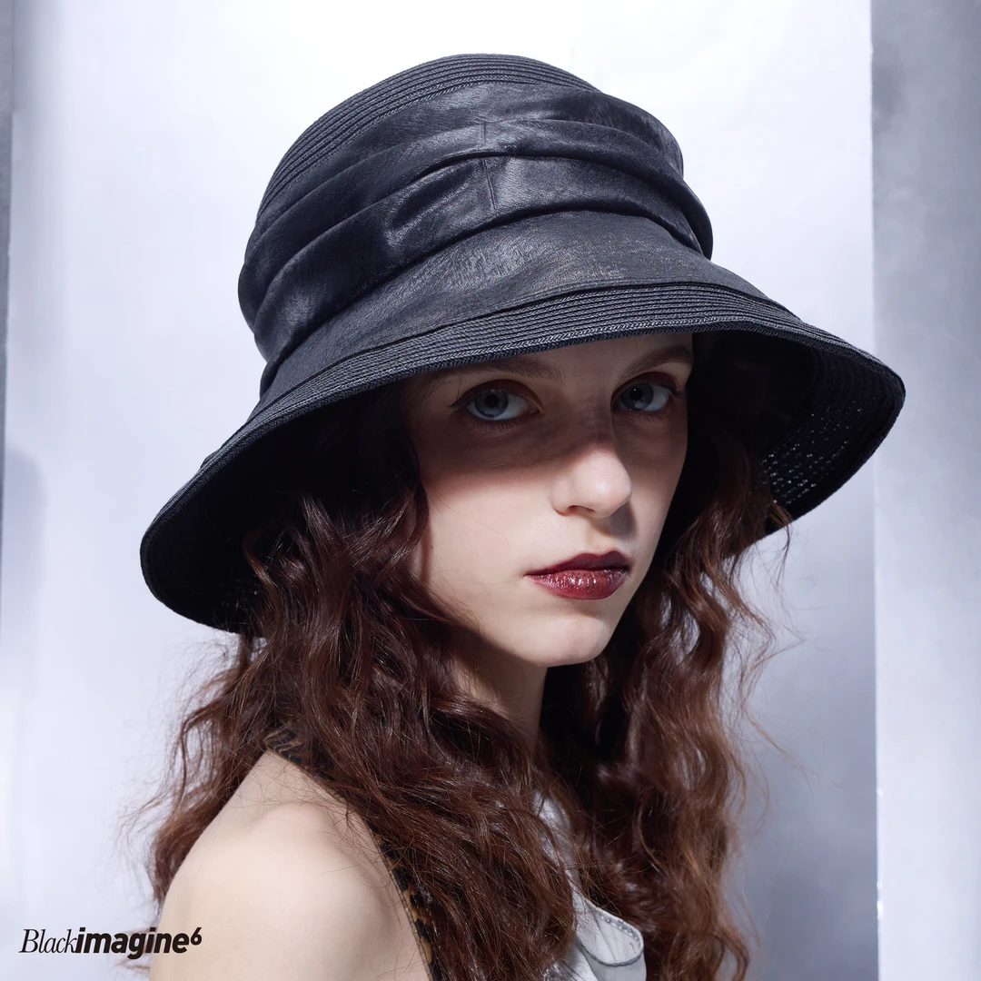 black imagine6肌理面料拼接草编遮阳防晒礼帽大帽檐夏日透气