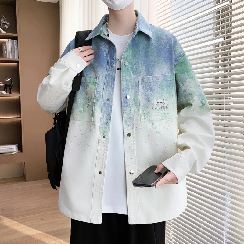 2025春秋季新款夹克外套男青少年学生渐变色牛仔衬衫帅气大童男装