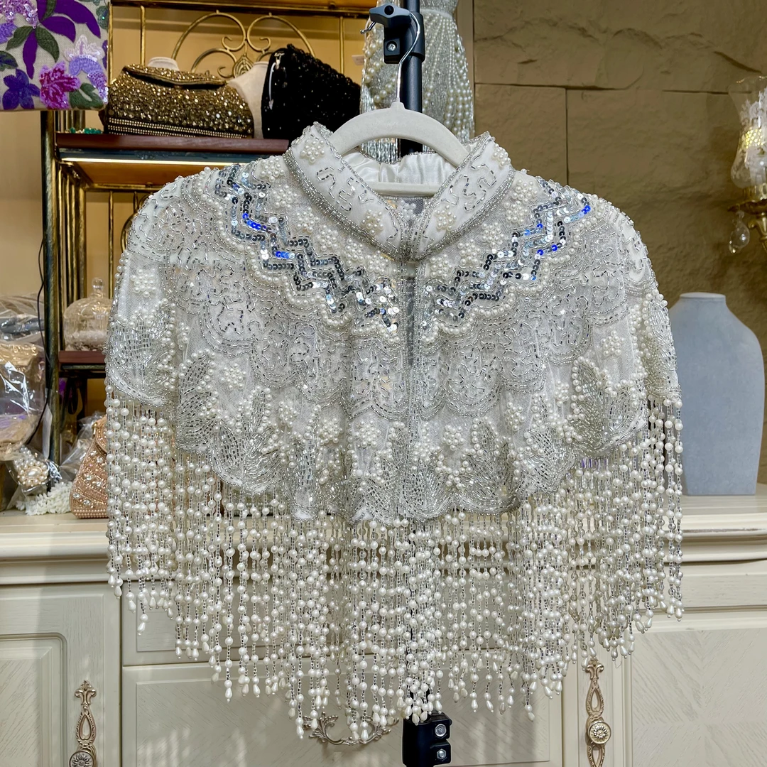 【B10白色】印巴印度纯手工流苏钉珠披肩重工轻奢华丽时尚