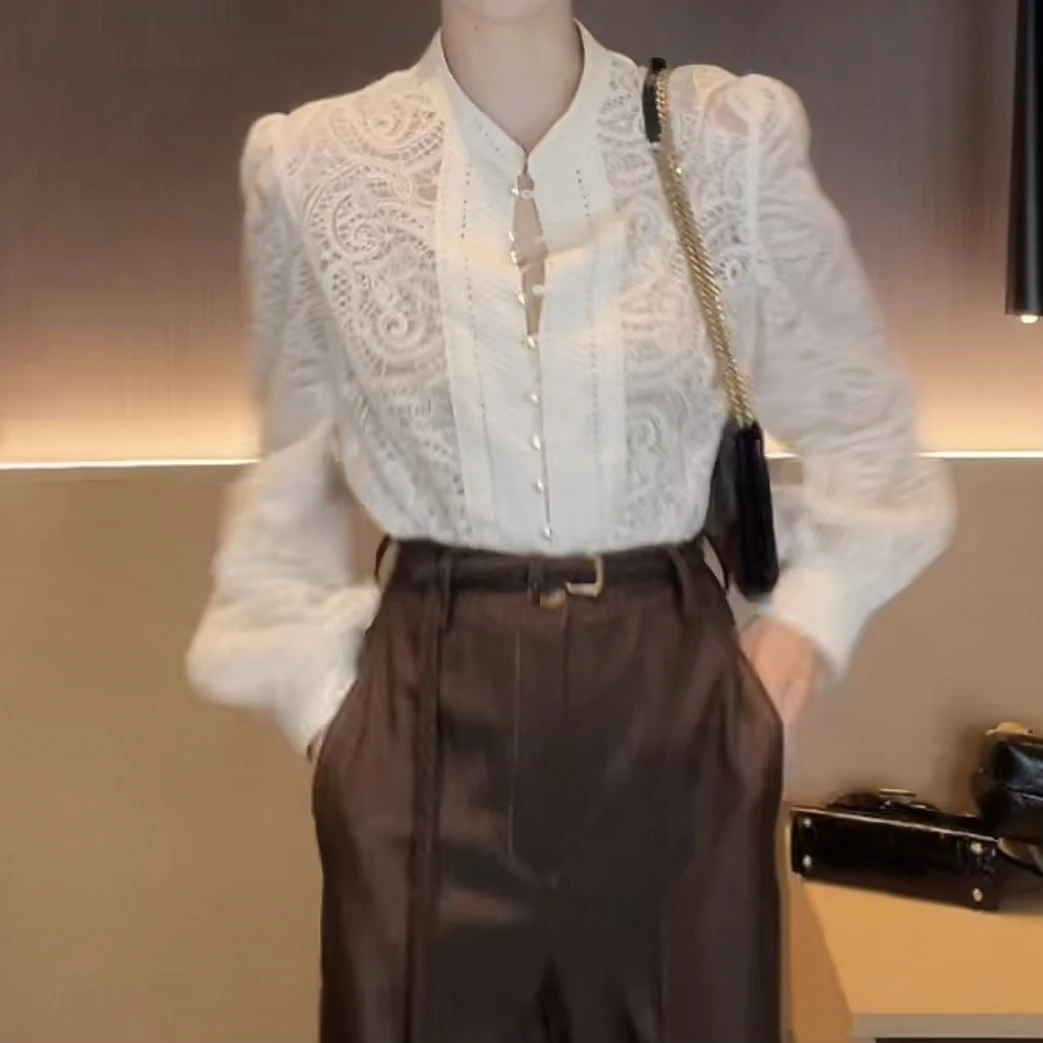 立领拼接一排扣蕾丝灯笼袖衬衫女2025设计感新款时尚修身气质上衣